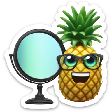 3D elegant pineapple🍍  with big shiny eyes 👀 pineapple holds mirror with its reflection 🪞🍍 sticker
