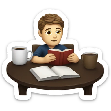 A white boy reading books at a coffee table with a cup of coffee next to him sticker