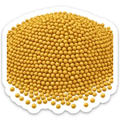 small loosely scattered mound of round mustard seeds in warm golden-yellow tones, each seed smooth tiny spherical with matte finish, varying slightly in shade, organic natural pile, no bowl spoon or extras, soft lighting, subtle shadows, emoji scale sticker