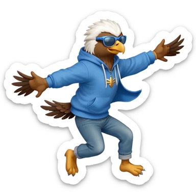 friendly anthropomorphised eagle with arms in a hoodie and jeans jumping and wearing sunglasses sticker