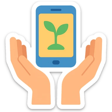 open hands holding a smartphone with a small green seedling growing from it, metaphor for ebook as a digital seed, colorful and friendly style sticker