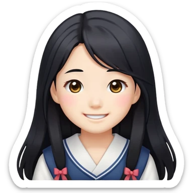Happy Japanese schoolgirl with long black hair and blushing face sticker