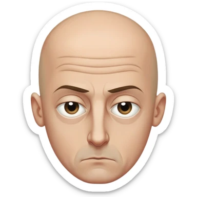 Steven Miller, bald, intense scowl, very narrow rectangular head, bottom lip sticking out, eyelids nearly shut and drooping on the outer sides, pronounced dark areas around eyes sticker