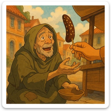 ghibli style illustration of a beggar reaching for a chocobanana, warm and expressive sticker