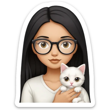 Girl with long black hair and glasses holding a white kitten sticker