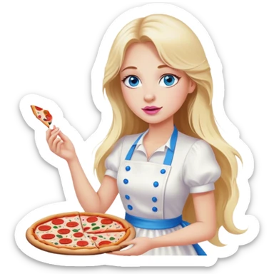 Cinematic realistic beautiful blonde with long hair, blue eyes and pink lips in a white dress cooks pizza sticker