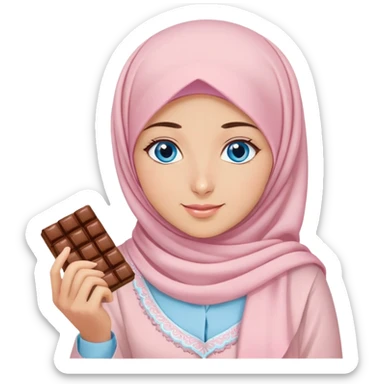 Turkish beautiful finish Konya girl blue eyes with powder pink brown hijab islamic dress and had on her hand text Eid Mubarak with sweets and celebrating with her friends eid days   sticker