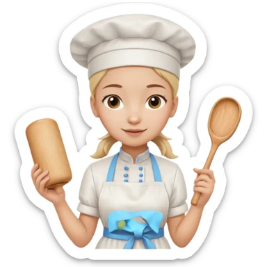 Young female pastry chef - single ponytail, apron, wearing a white hat, holding a rolling pin sticker