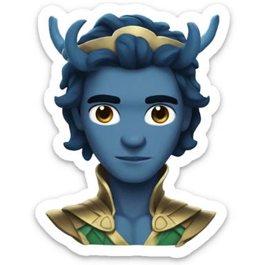 Loki (Tom Hiddleston) from Thor 1, with blue skin,darker blue veins, a horned gold  crown, and medium-length wavy black hair,blue eyes sticker