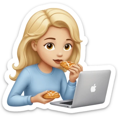 a girl looking in her computer a pastrie with good food  sticker