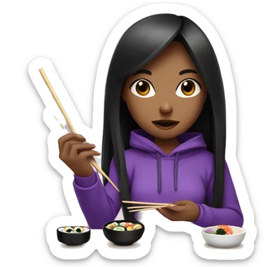 Long black hair girl with black eyes purple hoodie eating sushi with chopsticks  sticker