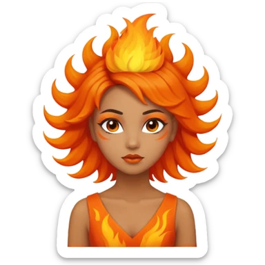 A girl tan skin face emoji with skin head hair styled, dramatic makeup and an orange flame-themed dress. sticker