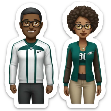 Brown guy and brown girl with glasses in Philadelphia eagles clothes sticker