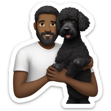 Black-haired and white guy with beard hugs black poodle dog  sticker