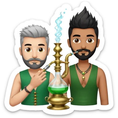 Brass hookah with green design on a glass water base on the top; with two smoke pipes where people are holding them and smoking - one white guy with spikes (silver and black hair) and another Tamil handsome with little beard Indian guy sticker