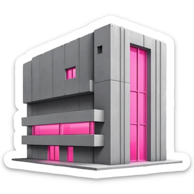 Minimalist gray concrete building with one window glowing bright pink, brutalist architecture sticker