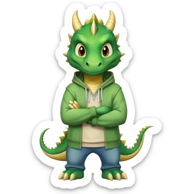 friendly anthropomorphised green dragon in a hoodie and jeans standing upright with arms folded sticker