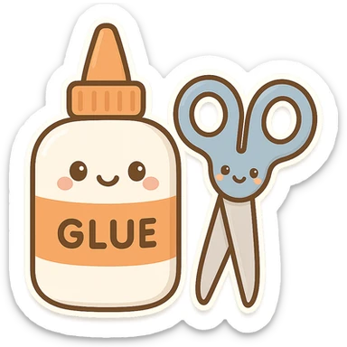 bottle of glue with orange label and tip and a pair of blue scissors, flat toon vector illustration, kawaii minimal sticker