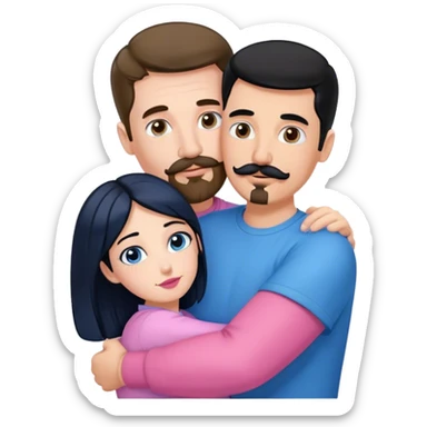 Tall white man with brown mustache goatee wearing blue hugging a short pale woman with long black hair wearing pink sticker
