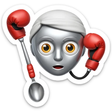 a spoon where the body is the handle, with eyes and boxe gloves sticker