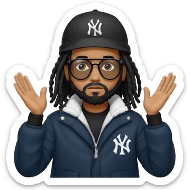 African American man with shoulder length black dreadlocks with black beard wearing black sunglasses with black bubble winter coat wearing a New York Yankees baseball hat with his hands on top of head in thinking position sticker