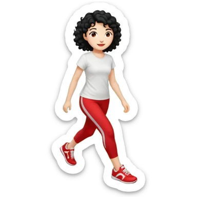 generate a pretty bratz fair skinned girl with curly black hair wearing a white tshirt trekking on a hill with red sneakers on and black leggings.  Put a hill behind her sticker