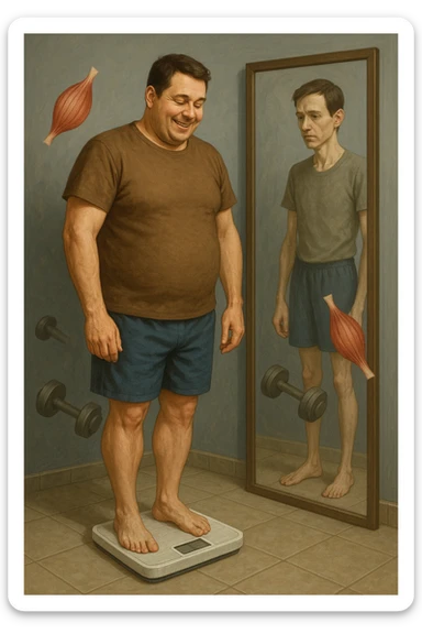 a man stands on a scale, smiling at the lower number, but his reflection in a nearby mirror shows a thinner, but also visibly weaker and less muscular body. Around him, floating icons or faded images of muscle fibers and dumbbells highlight the overlooked loss of muscle mass. The mood is cautionary and educational. in italiano sticker