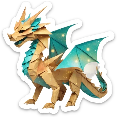 Sparkling patterned Beige Origami dragon with a dried flower crown made of newspapers intricate patterns surrounded by fairy lights nebula galaxy stars swirls iridescent orange cyan yellow sticker
