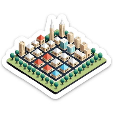 little city and many, small, ordinary, simple, home, Iranian-style, 1980, isometric sticker