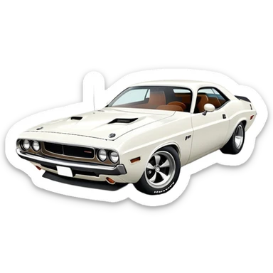 White 1971 Dodge Challenger with sharp details, precise three-quarter view at 30 degrees, accurate muscle car proportions, visible front bumper and fender, pure white finish, iOS emoji style sticker