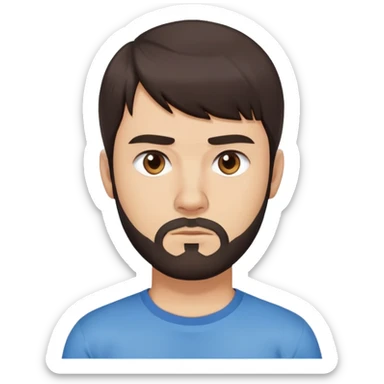 Argentine male with straight dark brown hair and bangs, short complete beard, serious neutral face, wearing plain blue t-shirt sticker