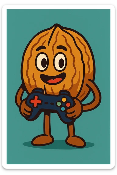 A standing walnut holding a game controller sticker