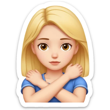 Girl crossing arms holding neck sticker