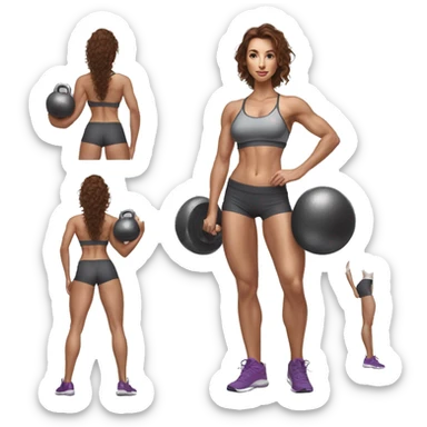 Hyperrealistic pencil drawing of athletic sexy girl with brown hair with kettlebell sticker