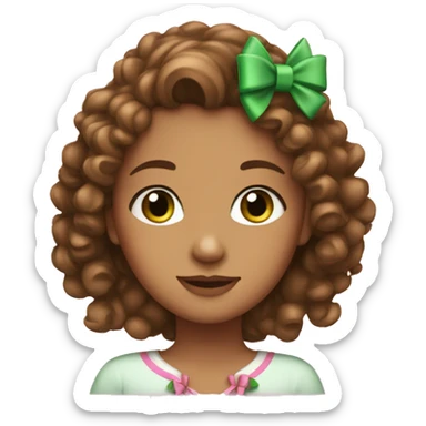 A girl with curly brown hair green eyes and with a pink bow in her hair sticker