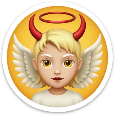 mush up the devil emoji with the angel one, I want it to be angel with devil horns, make it the classic yellow circle face sticker