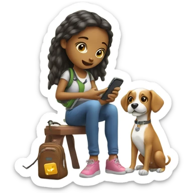 girl sitting outdoors with dog with phone in hand showing sugar monitor sticker
