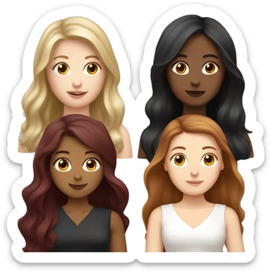 three WHITE girls. one lighter brown hair, one dark blackish hair, one burgundy red hair. olive skin, pale skin, paler skin. ALL WHITE long hair down sticker