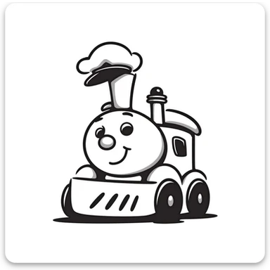 A hand-drawn toy train with a goofy happy expression and a conductor's hat sticker