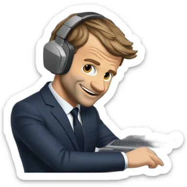 Emmanuel Macron qui joue aux jeux vidéo avec un pc gameret un casque sticker