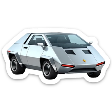 A futuristic chrome car emoji, sharp geometric body design inspired by cybertruck aesthetics, smooth silver metallic surface, matte and glossy chrome mix, minimal details, soft reflections, clean edges, iOS emoji style, centered, clean white background, soft studio lighting, no text sticker