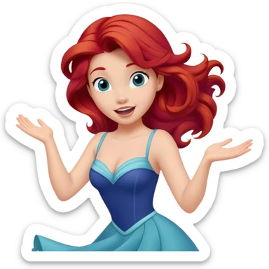Disney human Ariel with red hair, twirling in her blue dress, excited expression sticker