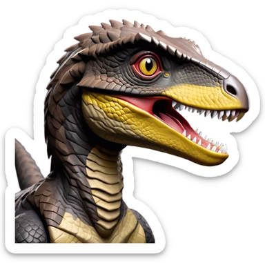 Cinematic Noble jurassic park Velociraptor Portrait Emoji, Poised and menacing, with a sleek, muscular build clad in dark, scaly skin reminiscent of jurassic park Park’s iconic raptor, a sharply curved snout and piercing, intelligent eyes that exude predatory cunning, Simplified yet boldly defined features, highly detailed, glowing with a cool, ominous radiance, high shine, intelligent and relentless, stylized with an air of cinematic prehistoric authority, focused and alert, soft glowing outline, capturing the essence of a watchful and confident jurassic park Velociraptor that appears ready to dash out of the screen with effortless power! sticker
