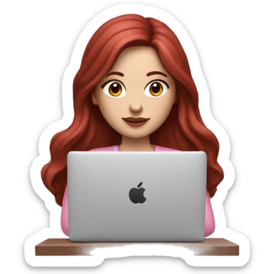 Woman with a white skin that has Long Dark red hair and brown eyes with an eyeliner and lashes coding on a pink macbook sticker