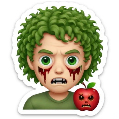 Zombie apple Memoji curly hair boy with growling face with one open and stich under eye  sticker