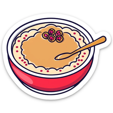 steaming bowl of oatmeal with a dollop of peanut butter, sprinkle of coconut flakes, and fresh pomegranate arils sticker