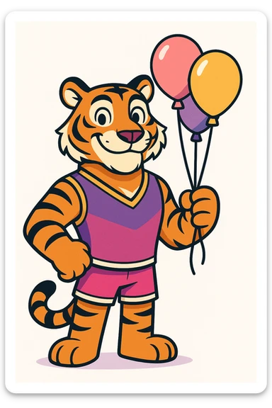 cartoon-style male tiger mascot standing upright smiling confidently with big eyes and a friendly expression wearing a purple and fuchsia vest or t-shirt holding party balloons in one hand clean modern colorful style with bold outlines and smooth shading color palette purple to fuchsia gradient gold accents white details energetic and fun perfect for a party and event company plain white background sticker