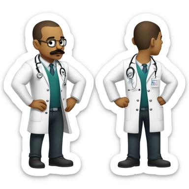 Body builder tattoo mustache doctor inspecting leg sticker