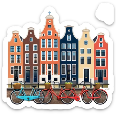Cinematic Realistic Amsterdam Canal Houses Landmark Emoji, featuring narrow, gabled facades in vibrant colors reflecting on the calm canal waters, with bicycles lining the cobblestone streets. sticker