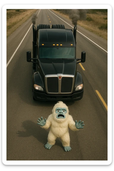 Make the scene more realistic: a small yeti (abominable snowman) on a long highway in front of a modern black Kenworth W680 flat top semi sleeper, top-down view, realistic lighting and details, no text. sticker